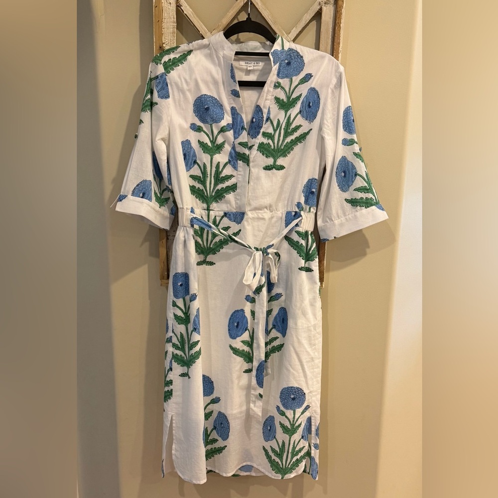 Beau & Ro | 'The Eloise' Hand-Blocked Midi Dress in Blue Poppy XS Anthropology